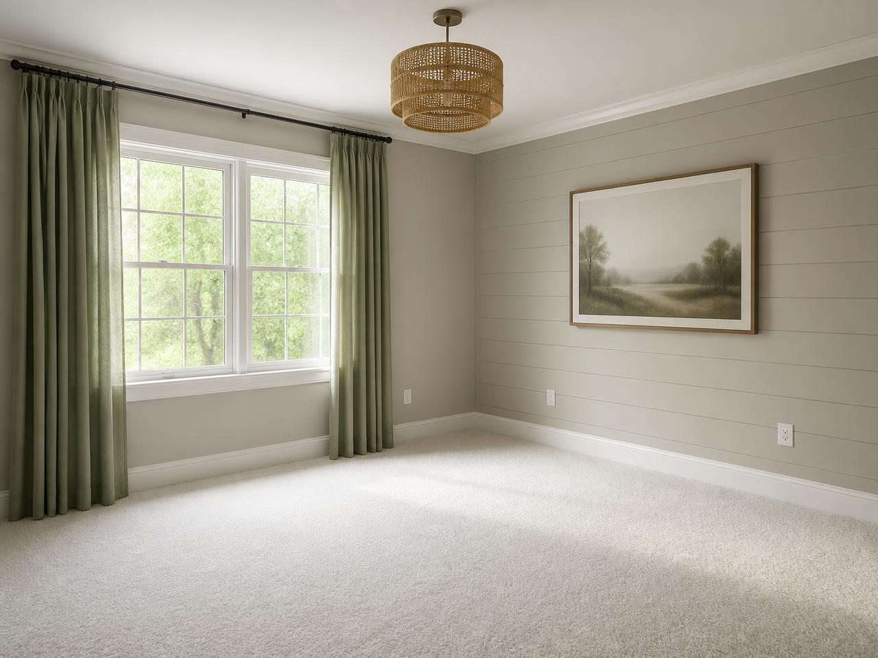 Primary bedroom after new karastan-style carpet flooring