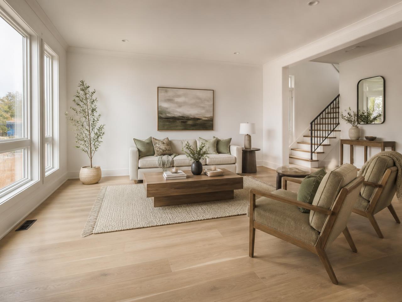 Living room after new karastan-style hardwood flooring