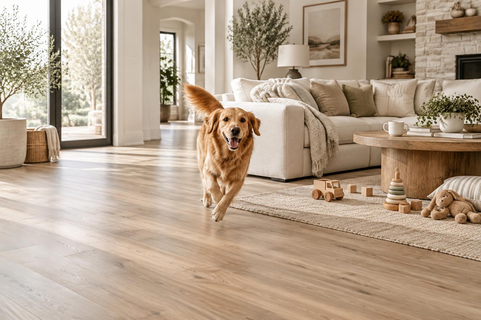 Golden retriever running across neutral wood-look flooring in an elegant family room