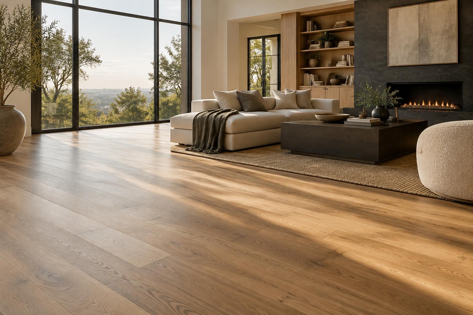 Sunlight revealing detailed warm oak-look plank flooring in a contemporary living room