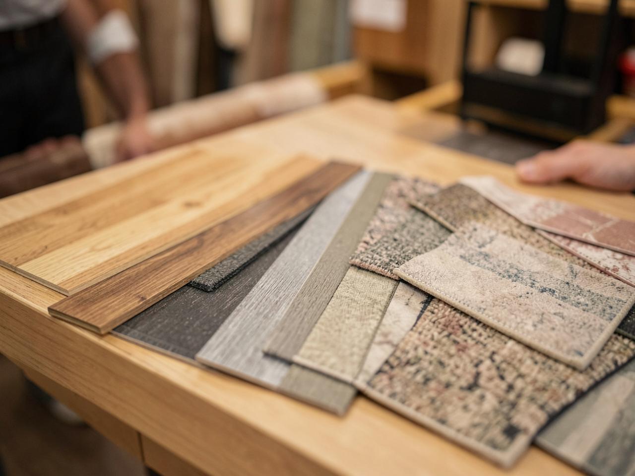 Flooring samples laid out on a table