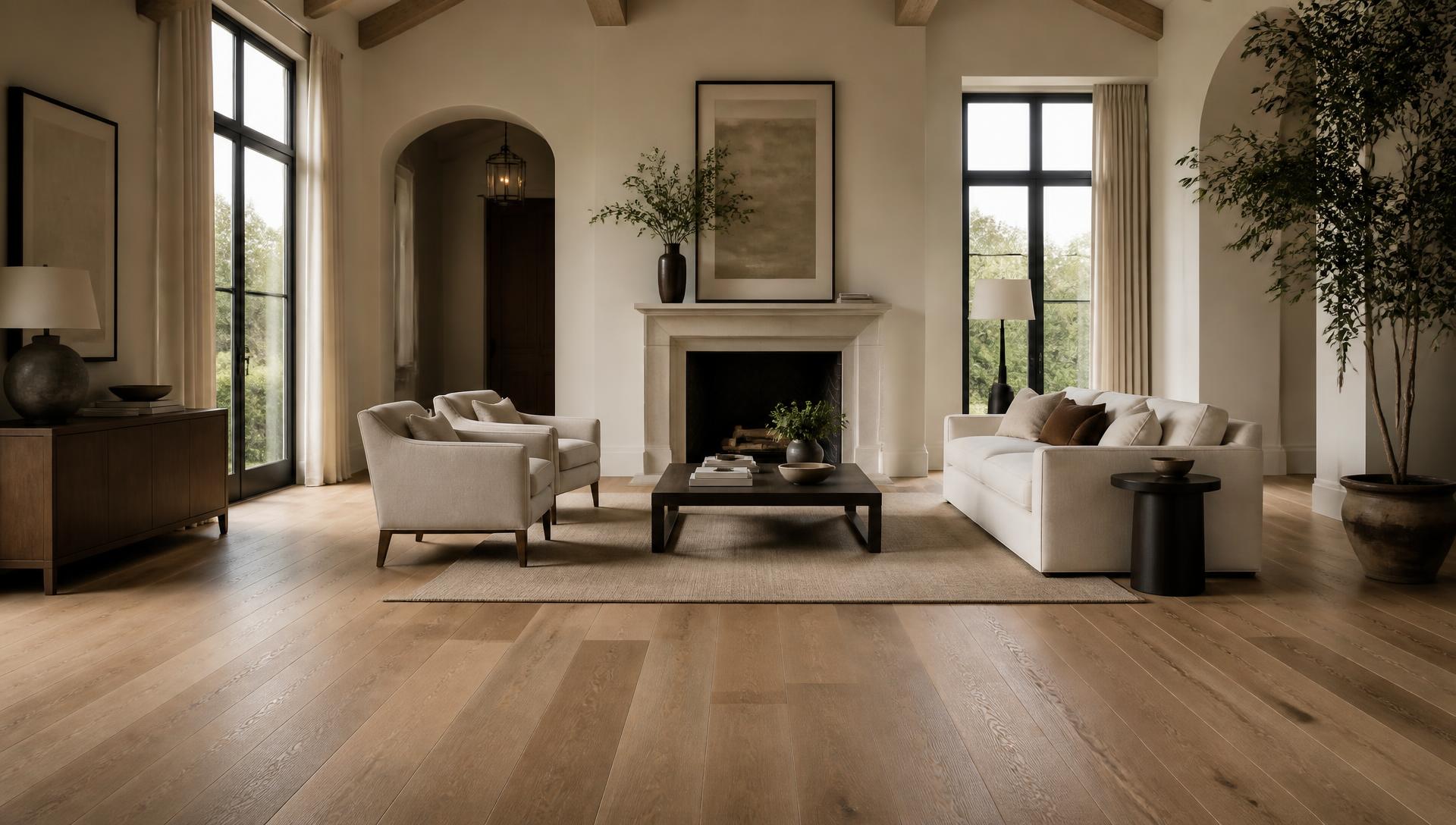 Living room with wide-plank flooring